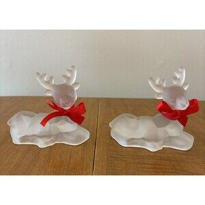 Set of 2 Vintage Frosted Glass Reindeer With Red Bows  Candlestick Holders